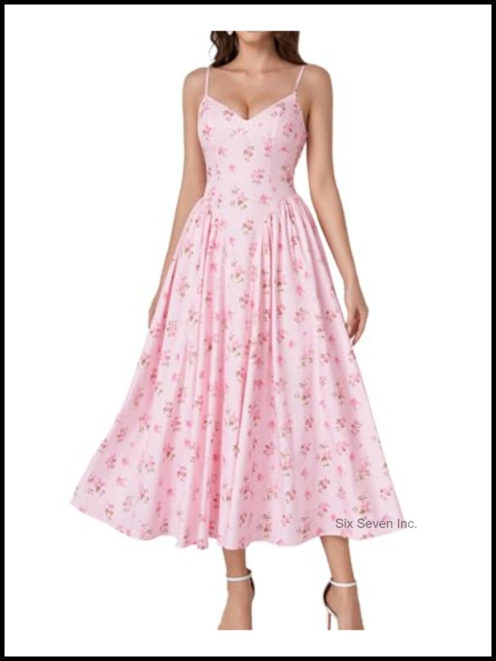 Floral Corset Midi Dress with V-Neck & Lace Up Back for Wedding Guest